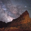 Milky Way behind upthrust mountain
